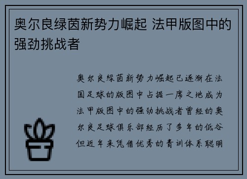 奥尔良绿茵新势力崛起 法甲版图中的强劲挑战者